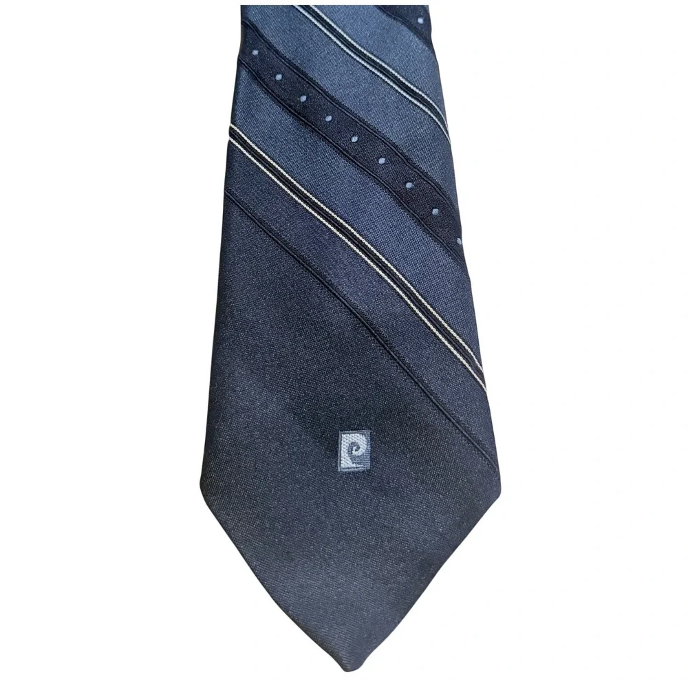 Pierre Cardin Necktie 1970s Blue Striped Polka Dot Wide Blade Vintage Tie